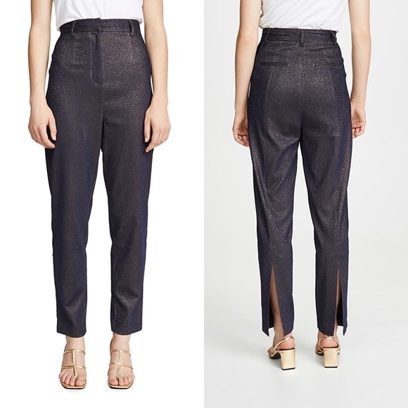 C/MEO‎ 70s Navy Met­al­lic Shimmer Ultra High Waist Slim Ankle Slit Trousers 4 - Picture 2 of 11